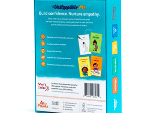 Little Patakha product Unstoppable Me Affirmation Cards showing the packaging from the back with text highlighting the different ways it helps kids and a few illustrations of the cards 