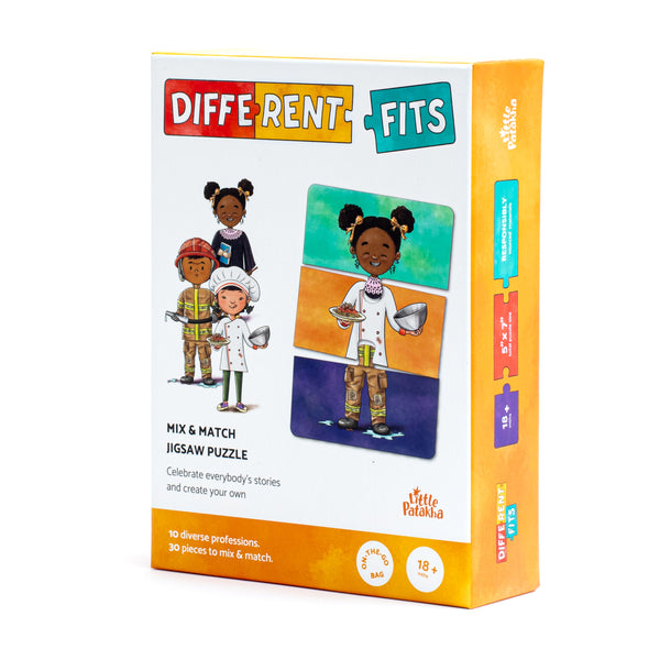 Little Patakha product Different Fits Mix and Match Game packaging from the left side with 3 illustrations of kids in different professional uniforms and one illustration showing the pieces of the puzzle mixed up to show a supreme court justice head with a chef torso and firefighter uniform pants