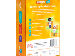 Little Patakha product Different Fits Mix and Match Game packaging from the back with text that highlights how the product can help kids and 2 illustrations of puzzle pieces mixed together to create fun professions 