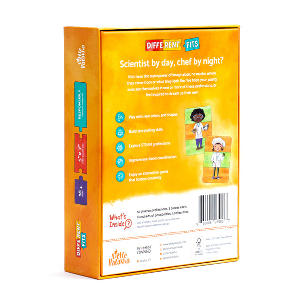 Little Patakha product Different Fits Mix and Match Game packaging from the back with text that highlights how the product can help kids and 2 illustrations of puzzle pieces mixed together to create fun professions 
