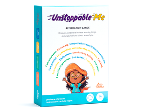 Little Patakha product Unstoppable Me Affirmation Cards showing the packaging from the right side with an illustration of a little black girl with her arms outstretched above her and eyes closed
