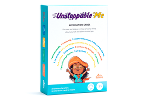 Little Patakha product Unstoppable Me Affirmation Cards showing the packaging from the right side with an illustration of a little black girl with her arms outstretched above her and eyes closed