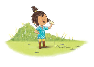 Illustration of Mini Ava in her blue long shirt, yellow pants and brown boots talking into a cup she has converted into a microphone