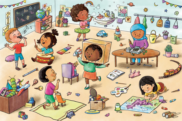 Illustration of a classroom showing 7 children doing different things to explore and learn